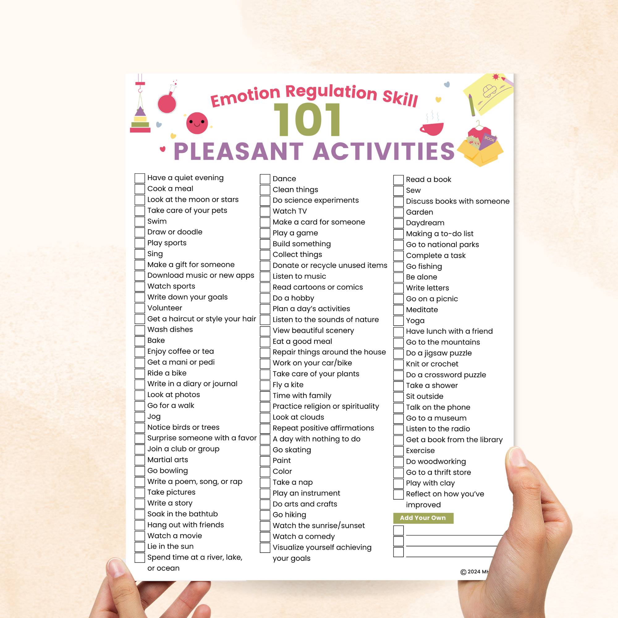 DBT Pleasant Activities List Worksheet – Mental Health Center Kids