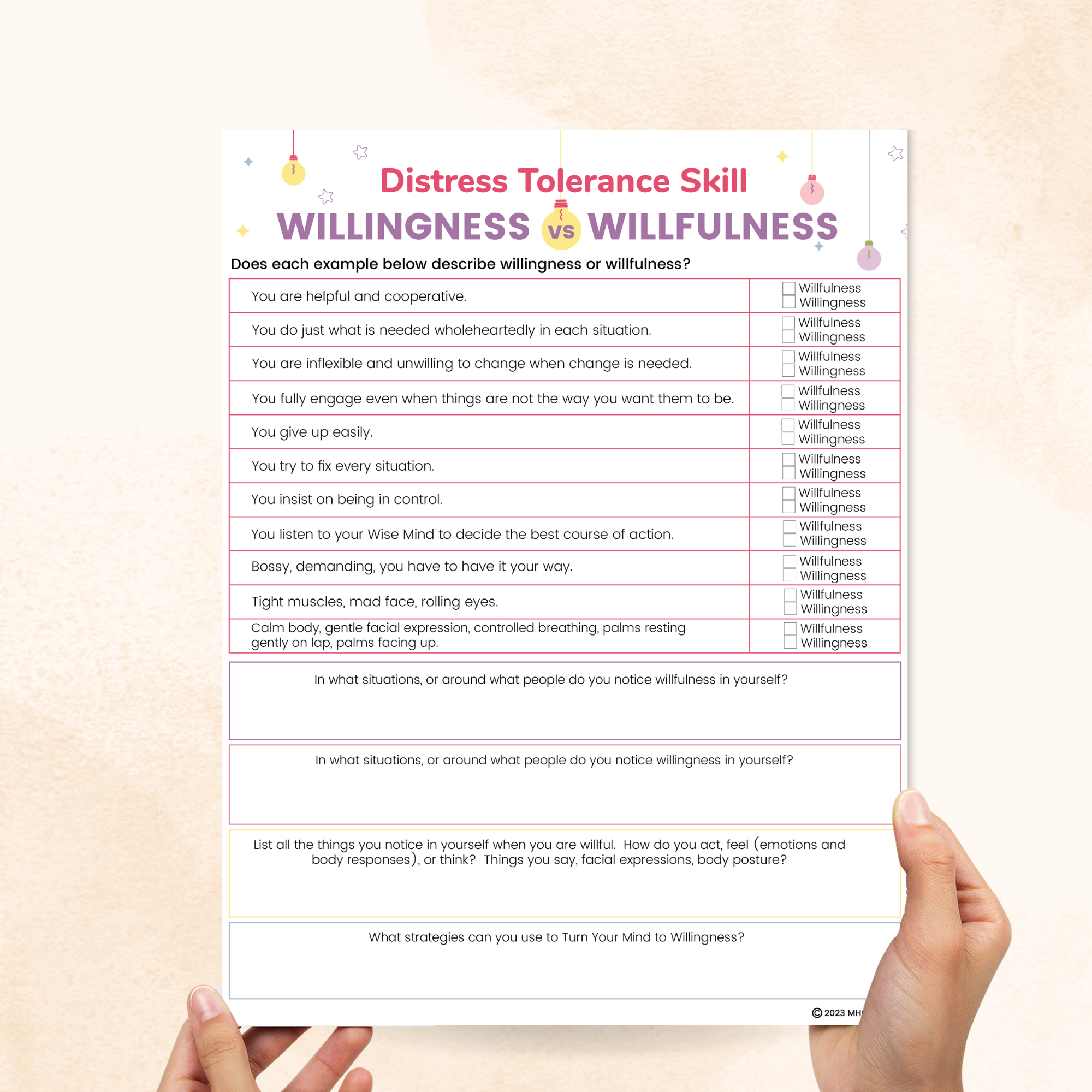 DBT Willingness Vs Willfulness Worksheet – Mental Health Center Kids