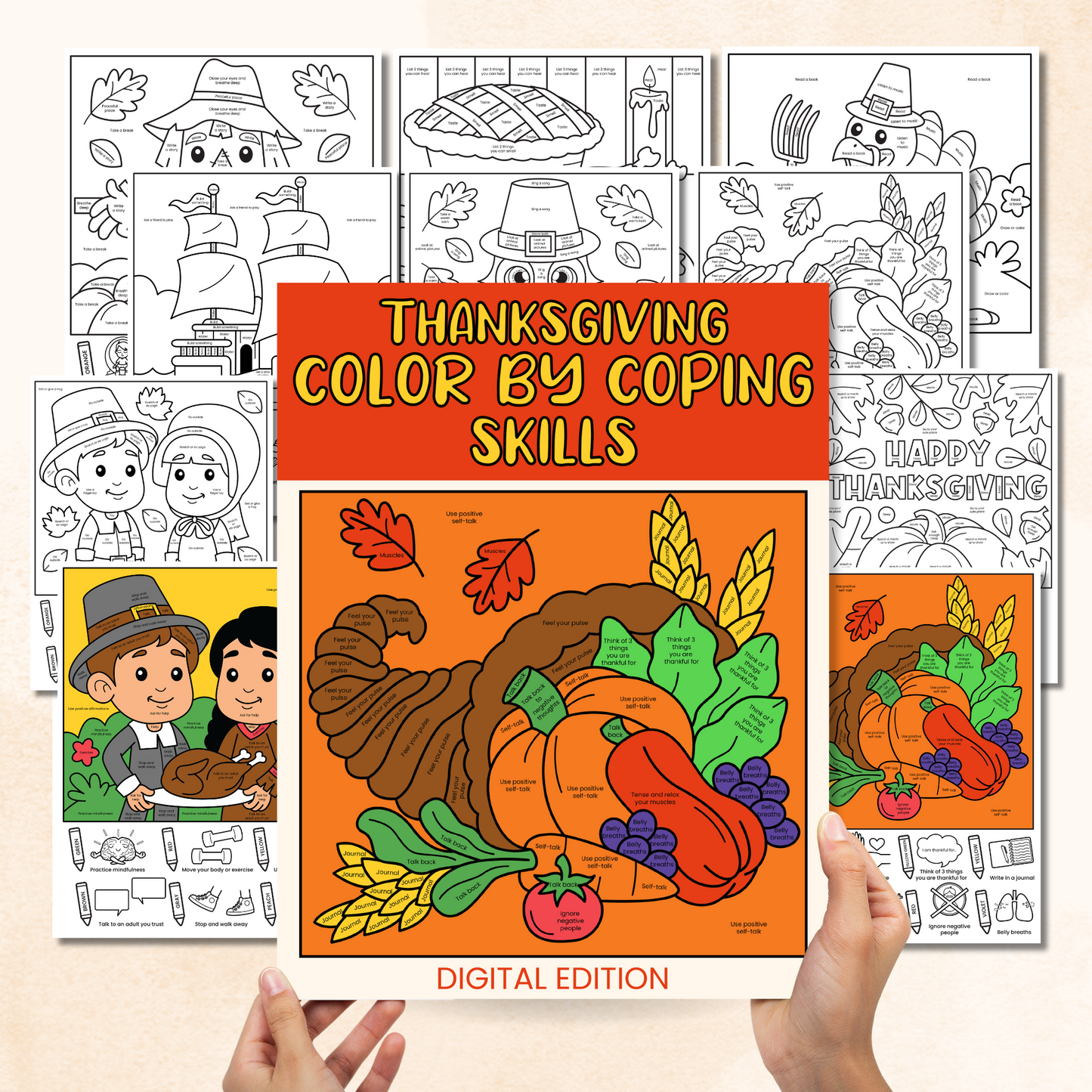 Thanksgiving Color By Coping Skills Coloring Pages