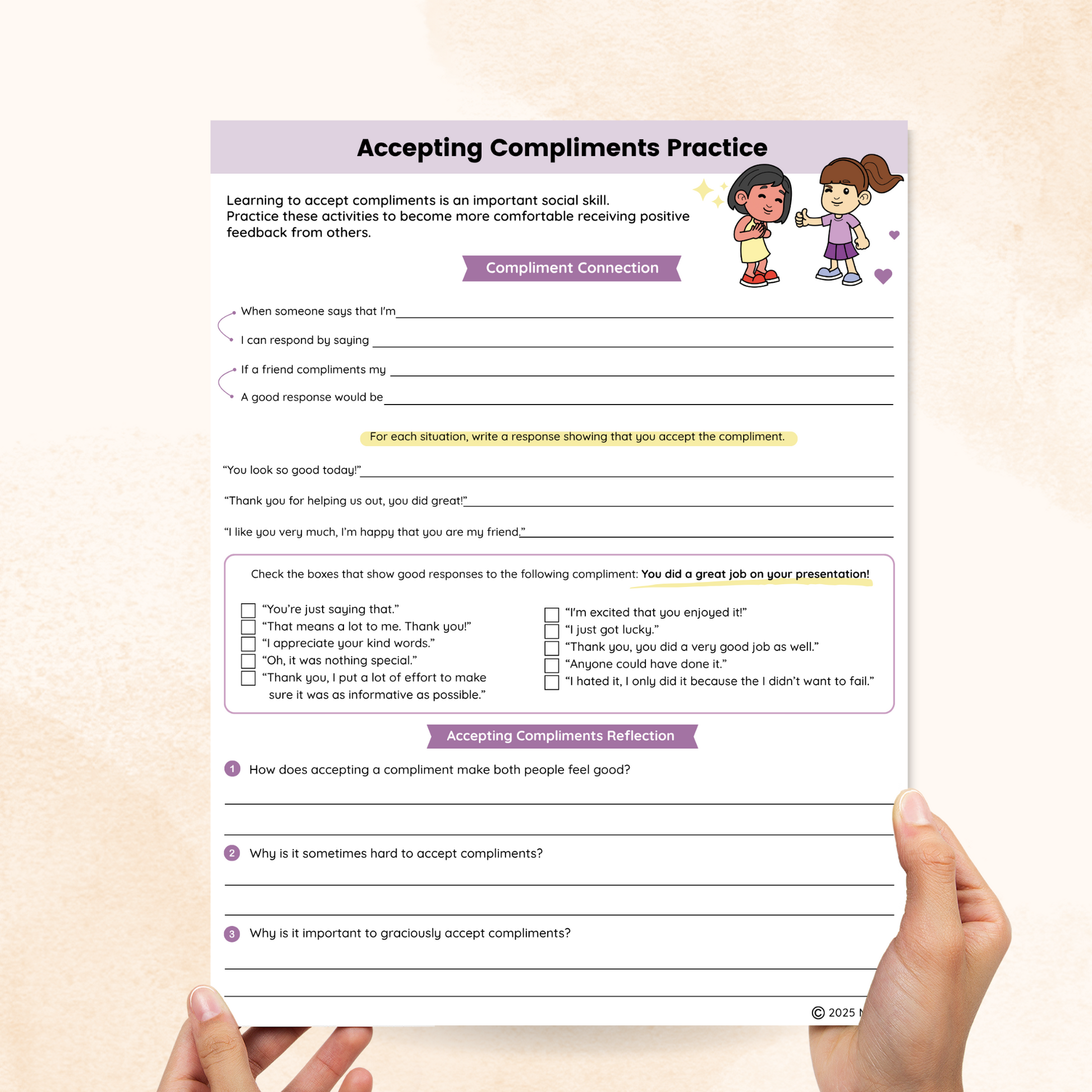 accepting compliments social skills worksheet