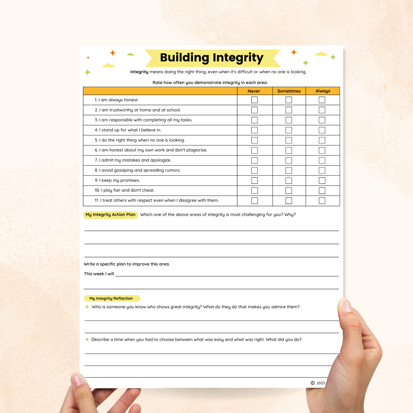 integrity worksheets for elementary students