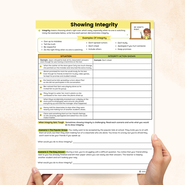Integrity Worksheets (2 Pages) – Mental Health Center Kids