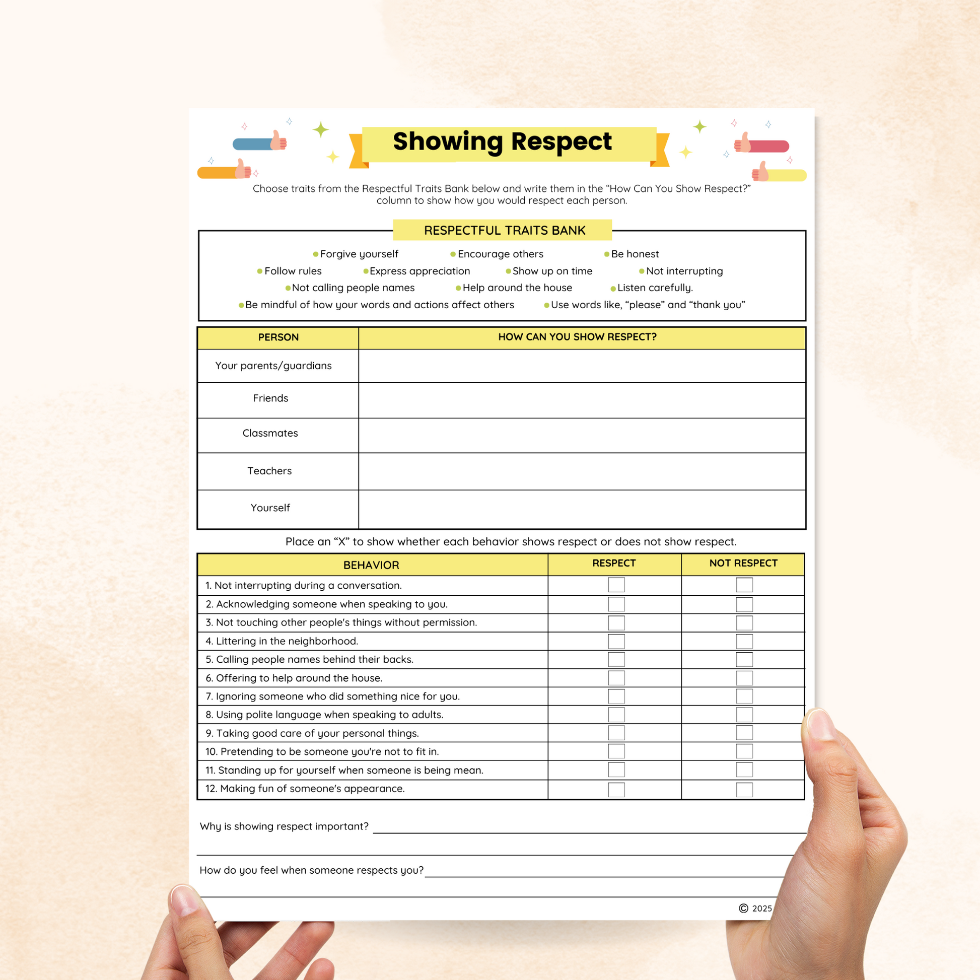 respect worksheets for middle school