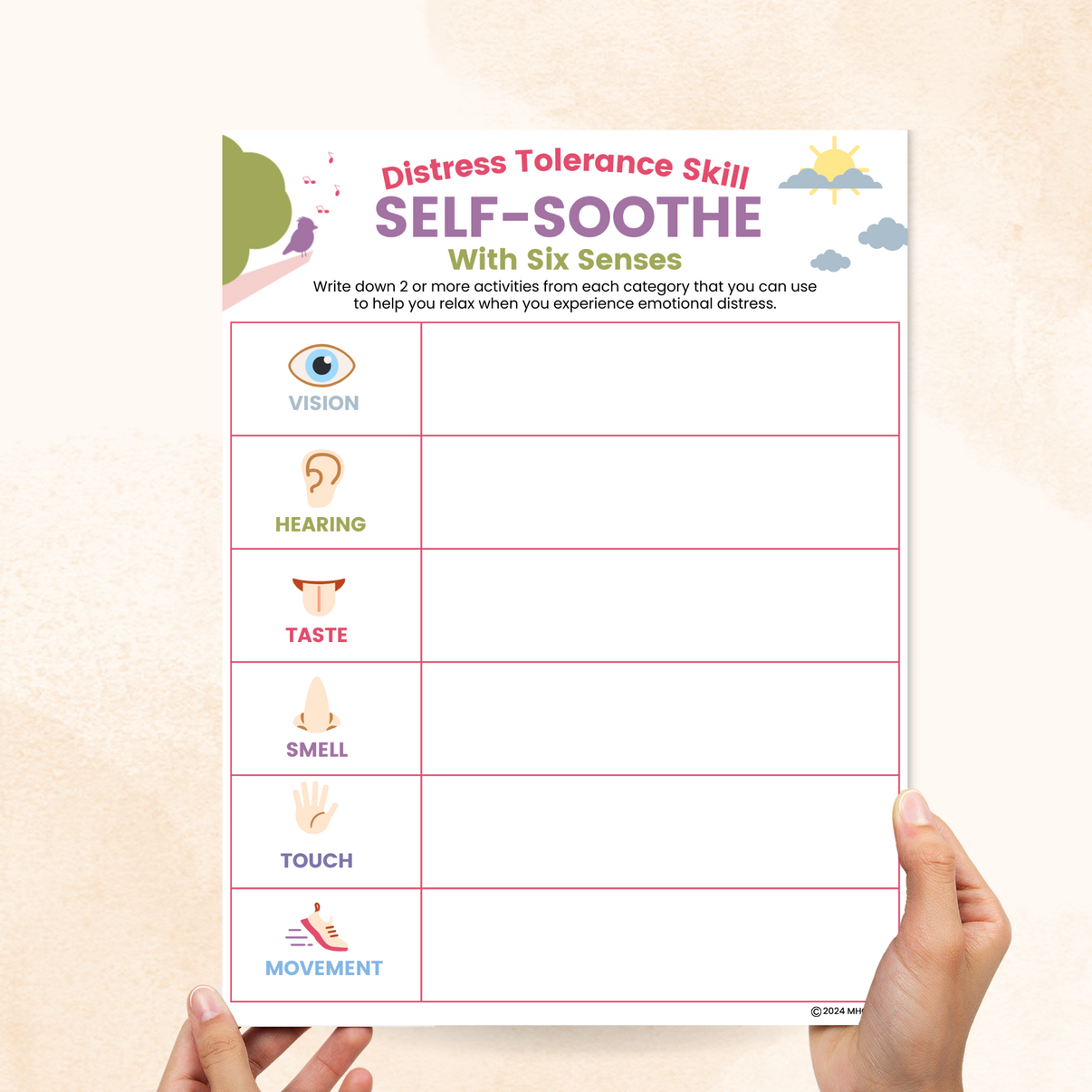 Self-Soothe DBT Worksheets With 6 Senses – Mental Health Center Kids