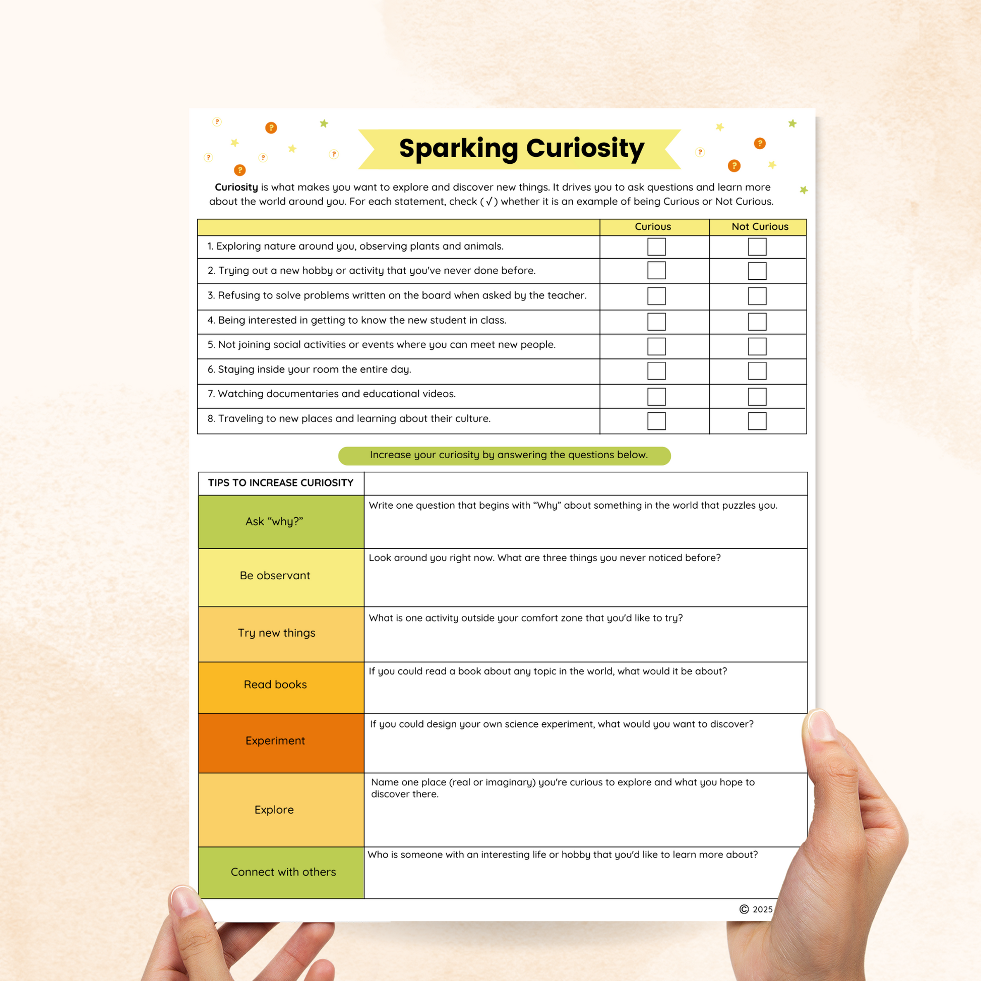 curiosity worksheet for middle school