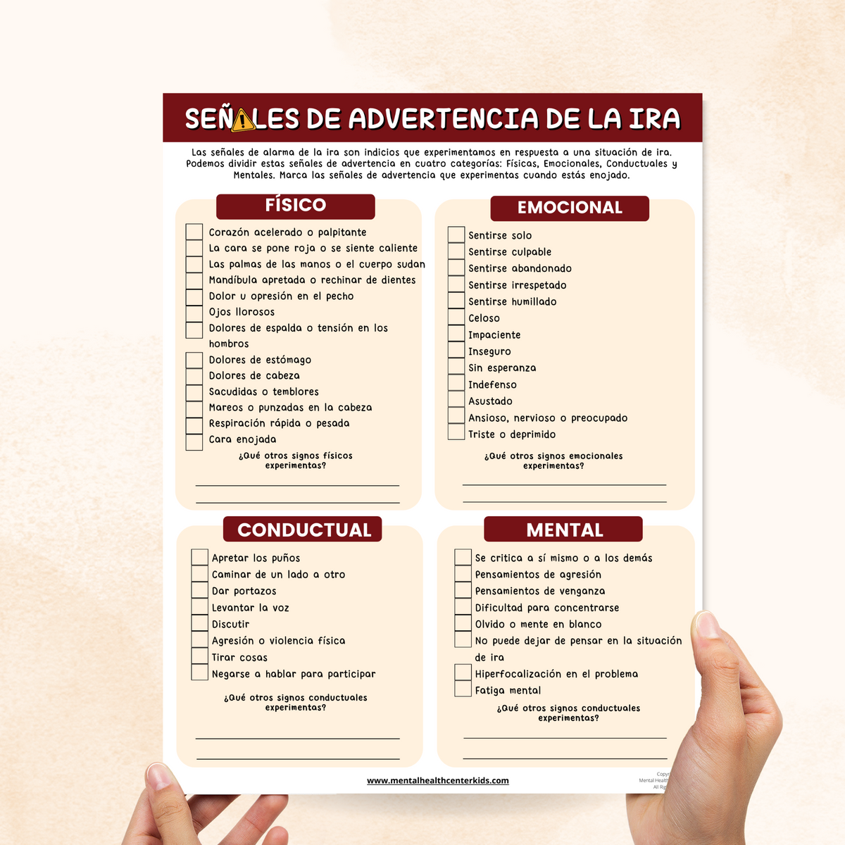 Signes Ira Anger Warning Signs Worksheet (Spanish Version) – Mental Health Center Kids