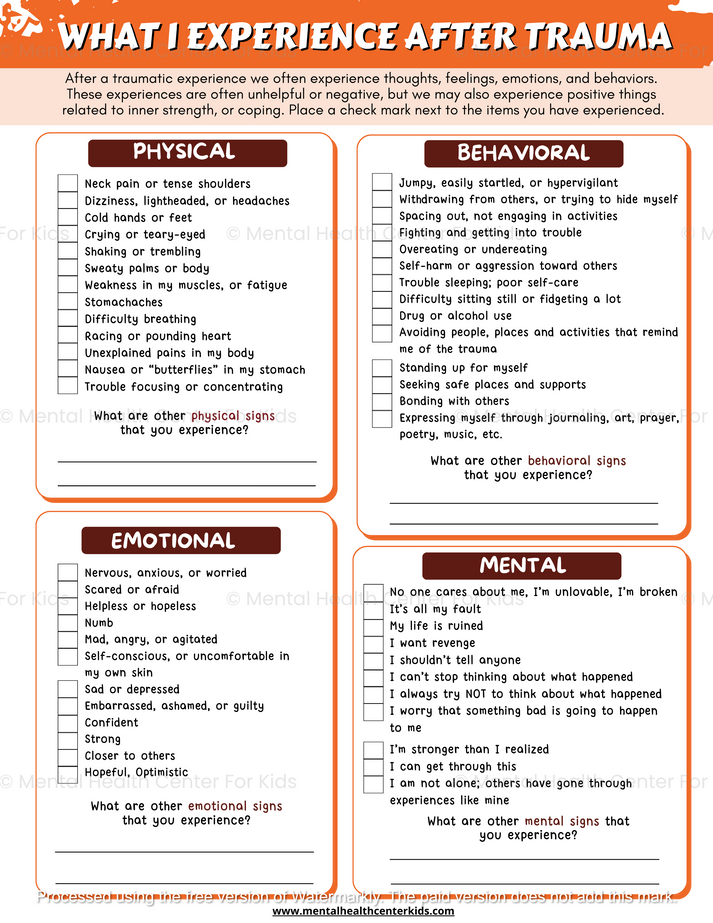 PTSD Symptoms Worksheet – Mental Health Center Kids