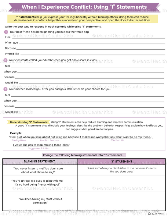 Conflict Resolution Worksheets (4 Pages) – Mental Health Center Kids