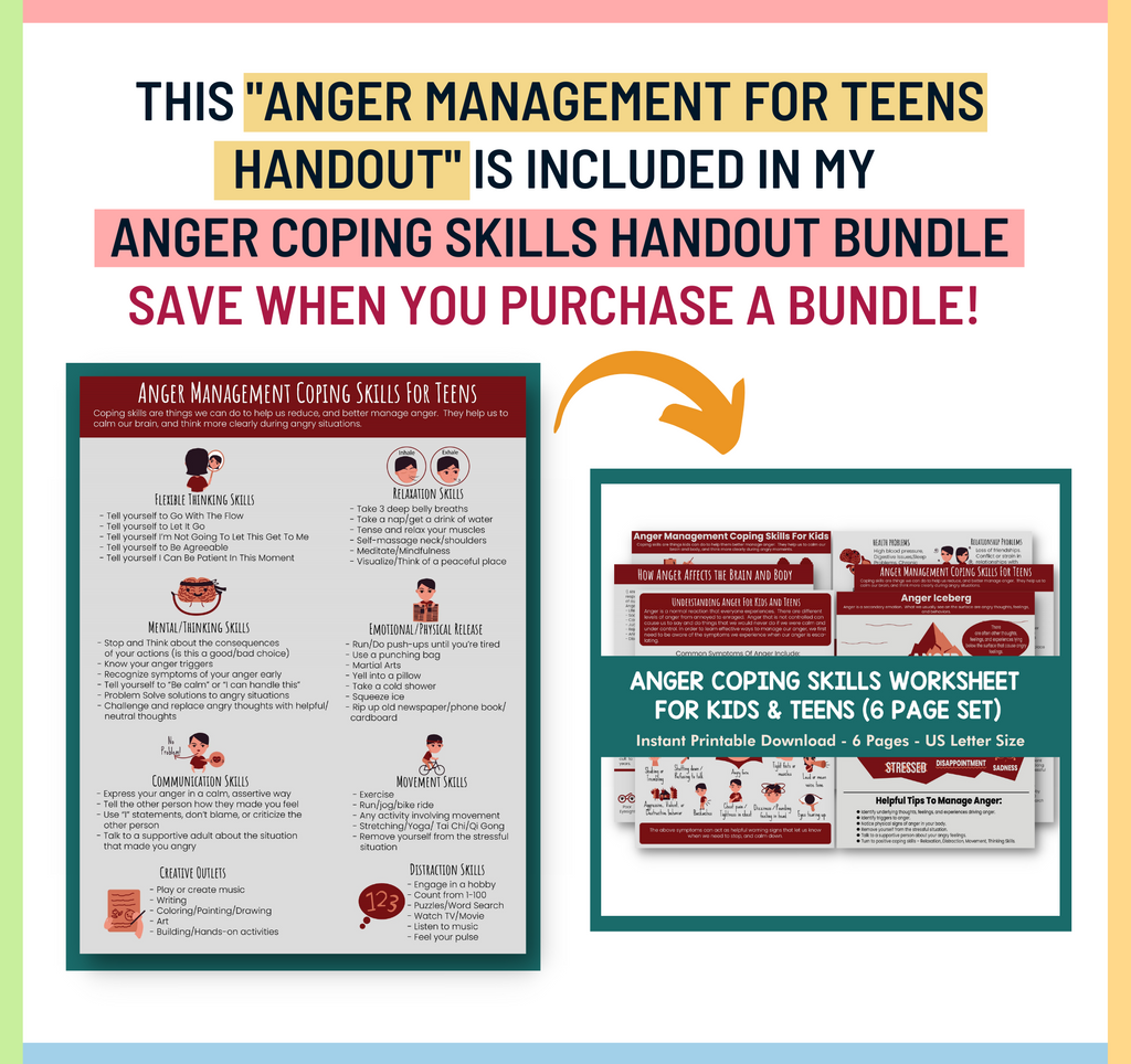 Anger Management Coping Skills for Adolescents Printable Handout