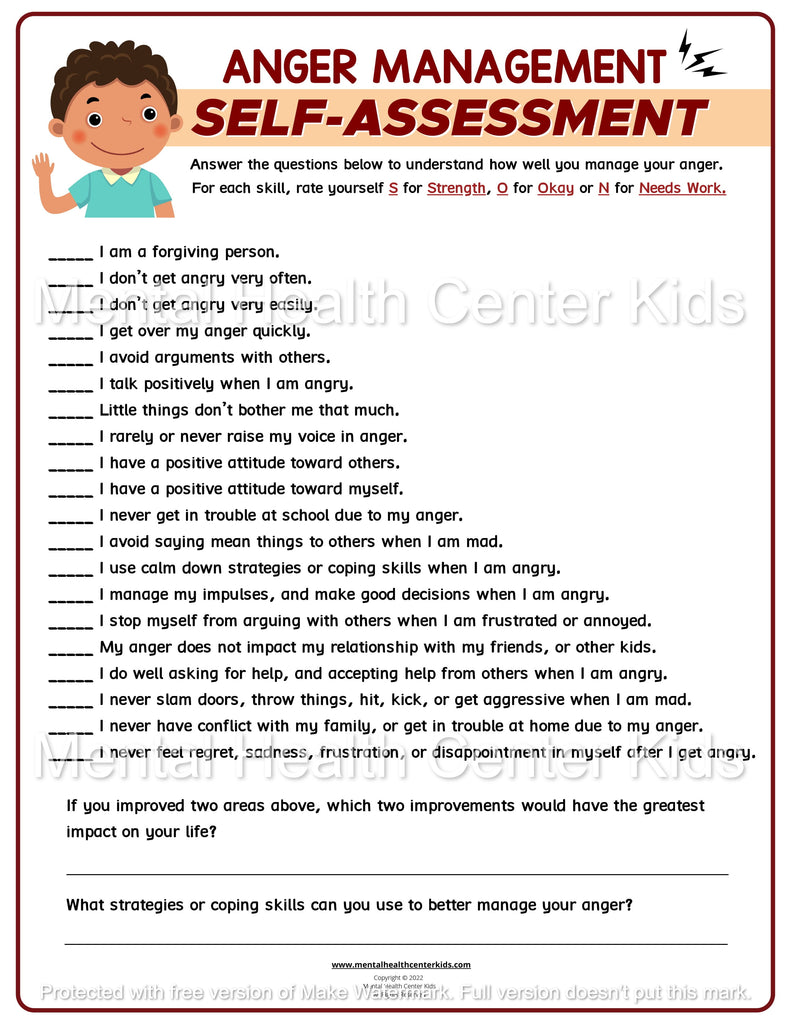 Anger Management Self-Assessment Test Worksheet