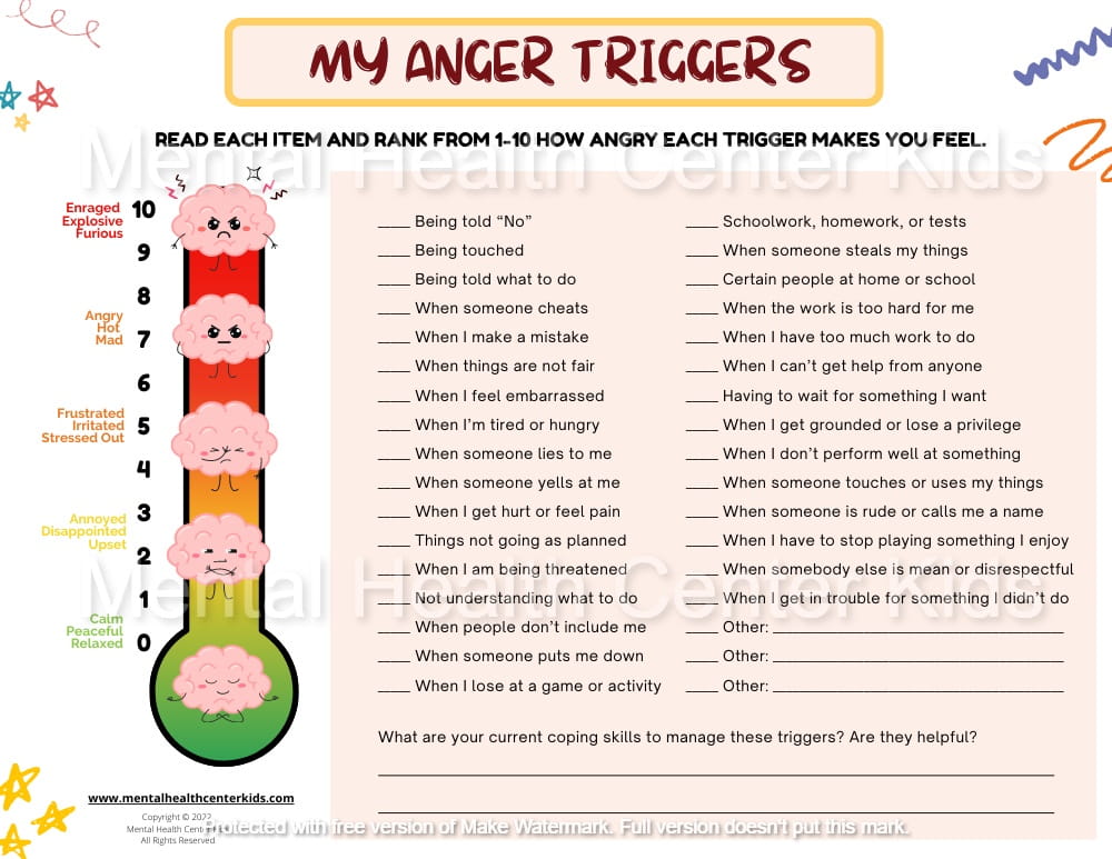 Anger Triggers Worksheet Mental Health Center Kids