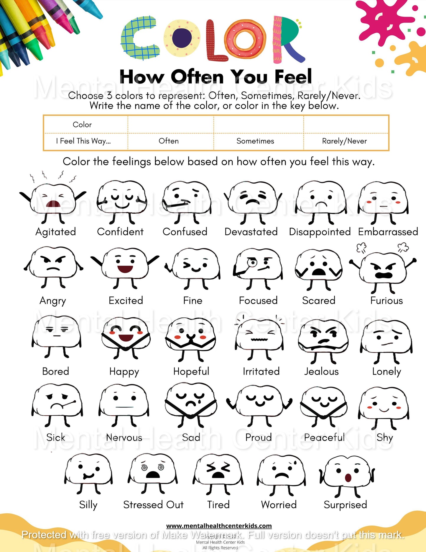 Feelings Activity Worksheet for Kids Color How You Often Feel
