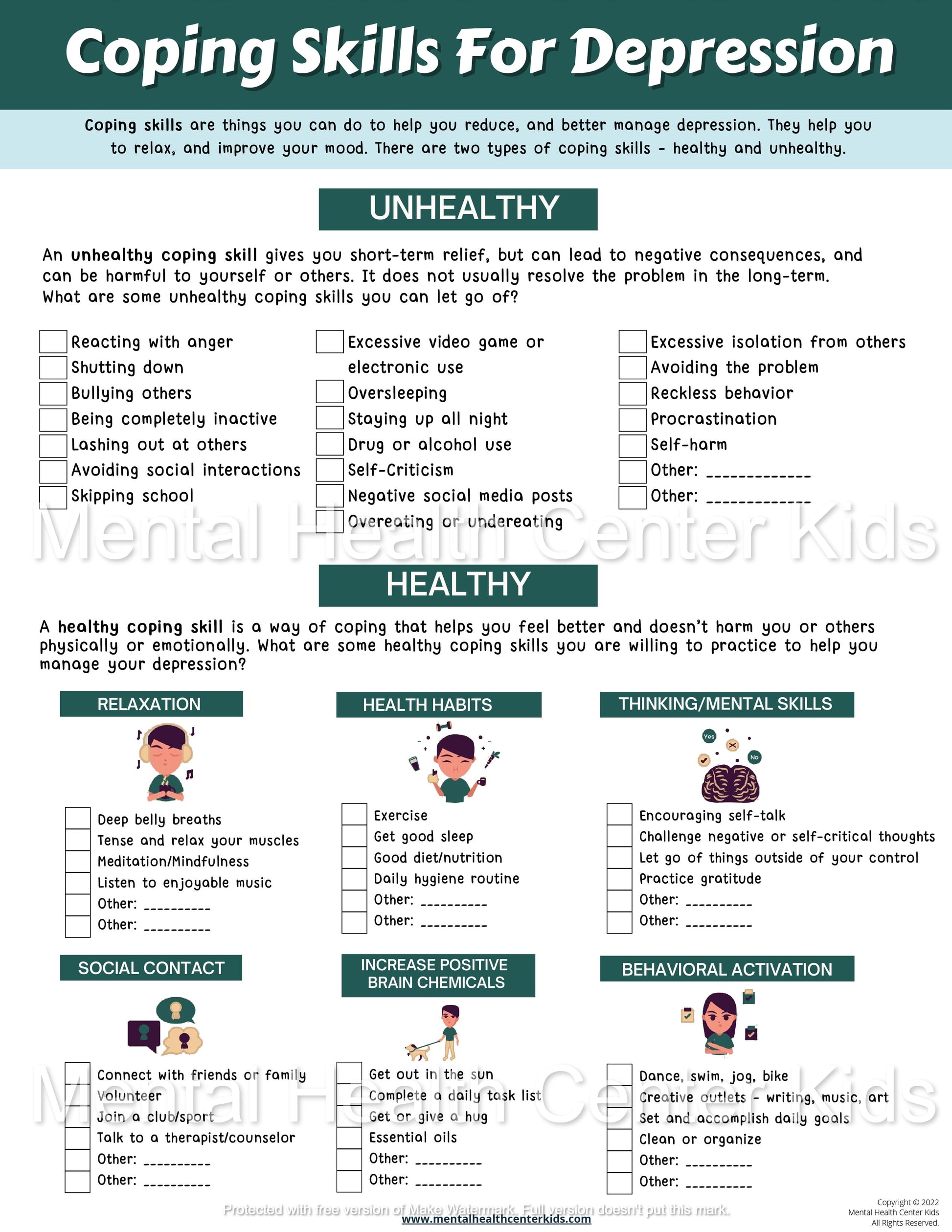 Depression Worksheets for Kids and Teens – Mental Health Center Kids