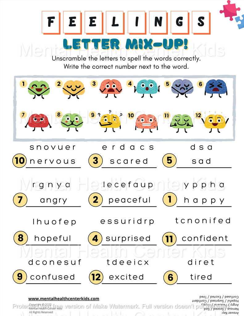 Feelings Activity Worksheet for Kids Letter Mix Up Answer