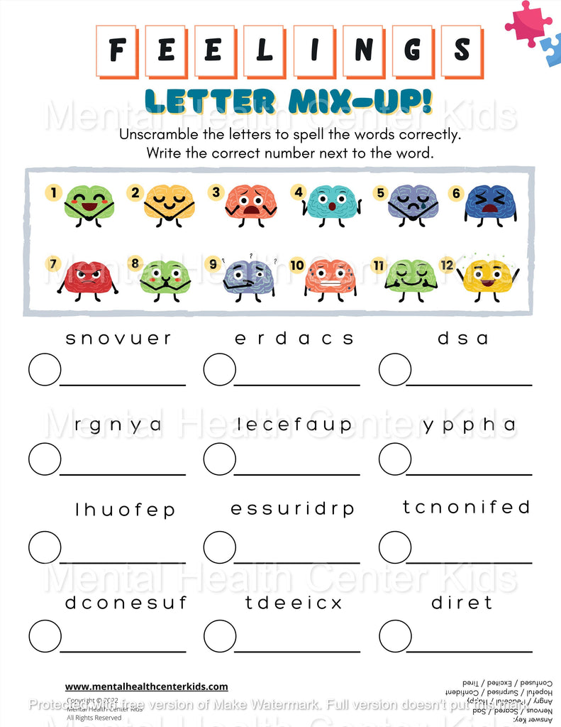 Feelings Activity Worksheet for Kids Letter Mix Up