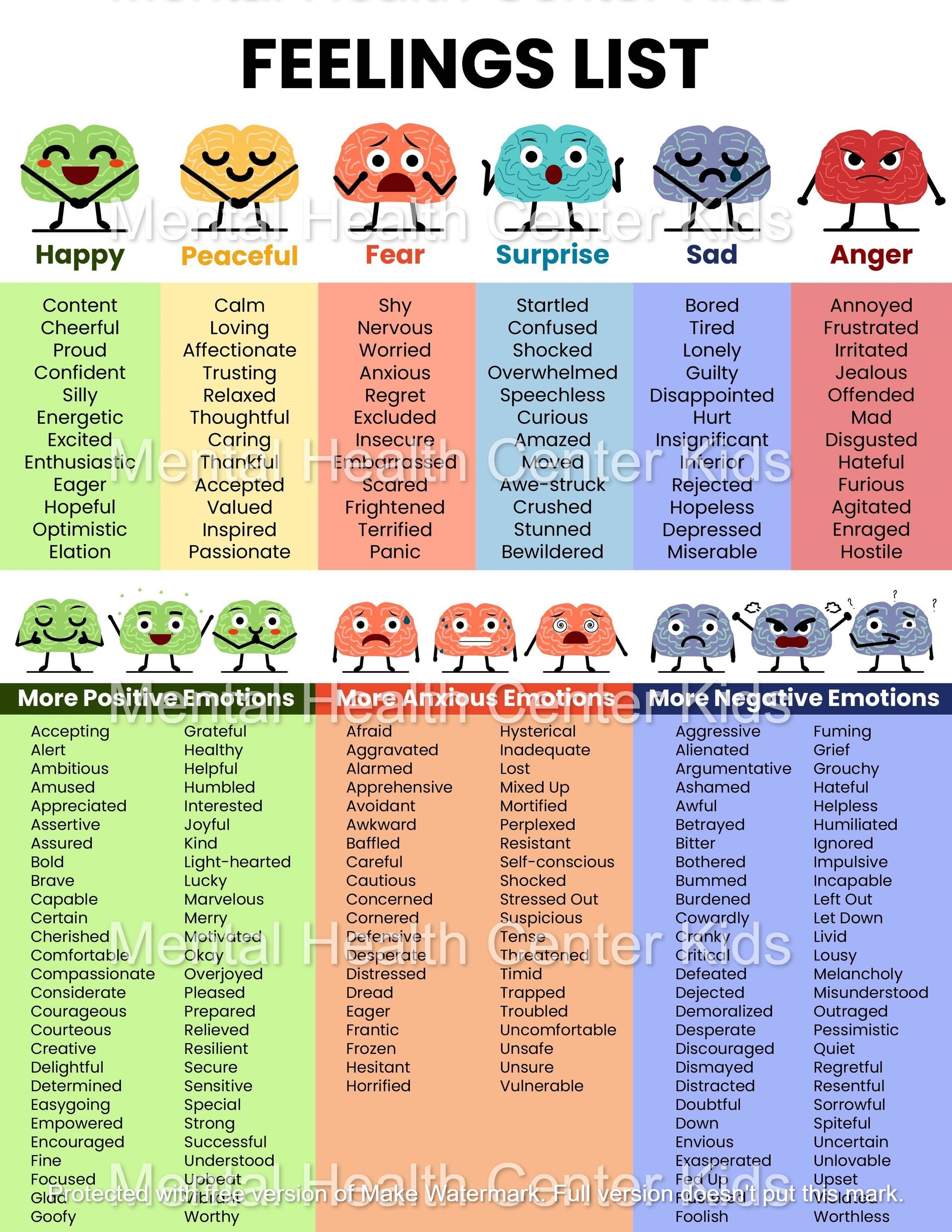 feelings list for kids