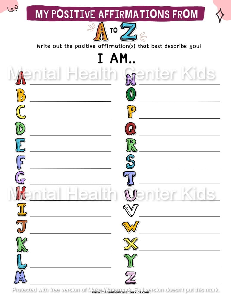 My Positive Affirmations From A to Z Worksheet