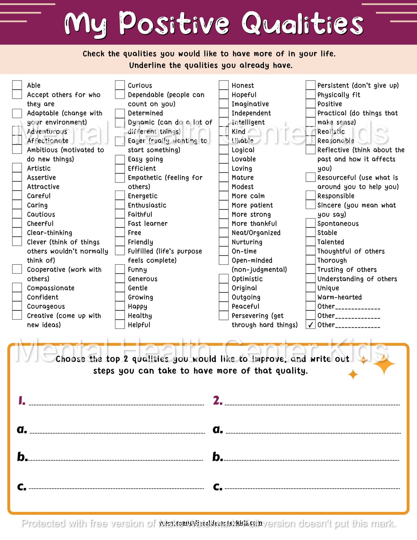positive qualities worksheet
