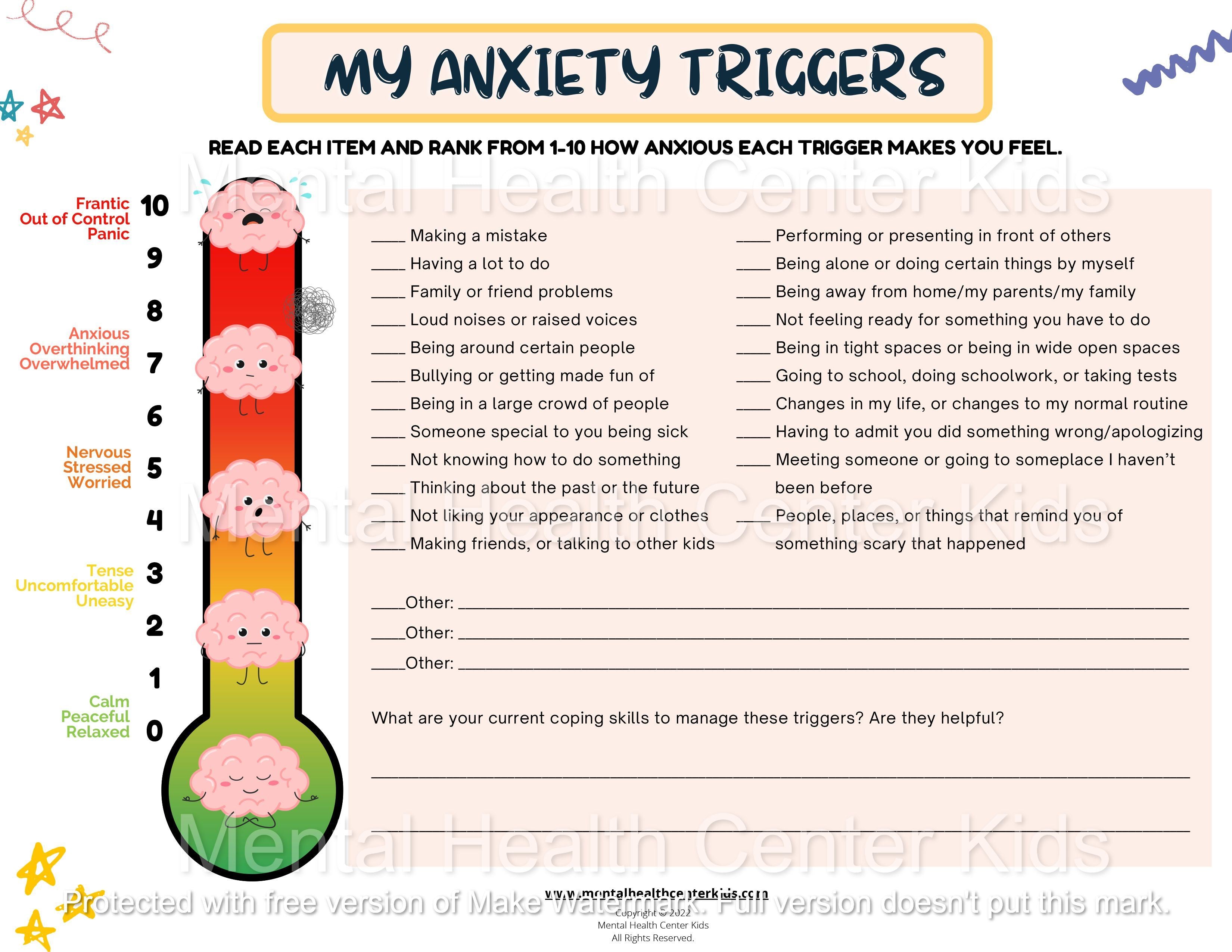 Anxiety Triggers Worksheet – Mental Health Center Kids