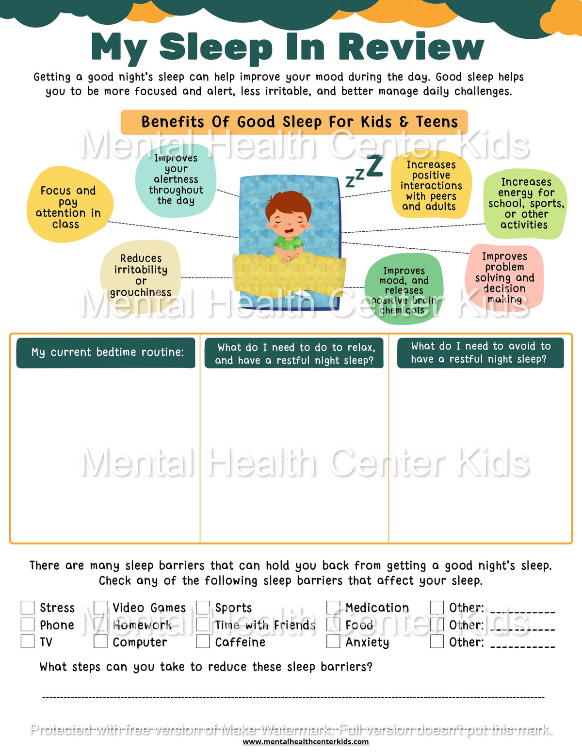Sleep Routine Worksheet.pdf Sleep Hygiene Worksheets – Mental Health Center Kids