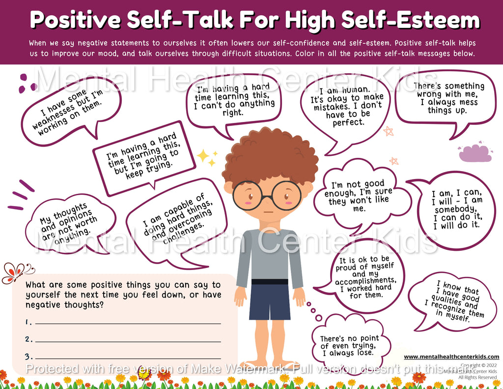 Positive Self-Talk for High Self-Esteem Worksheet for Kids