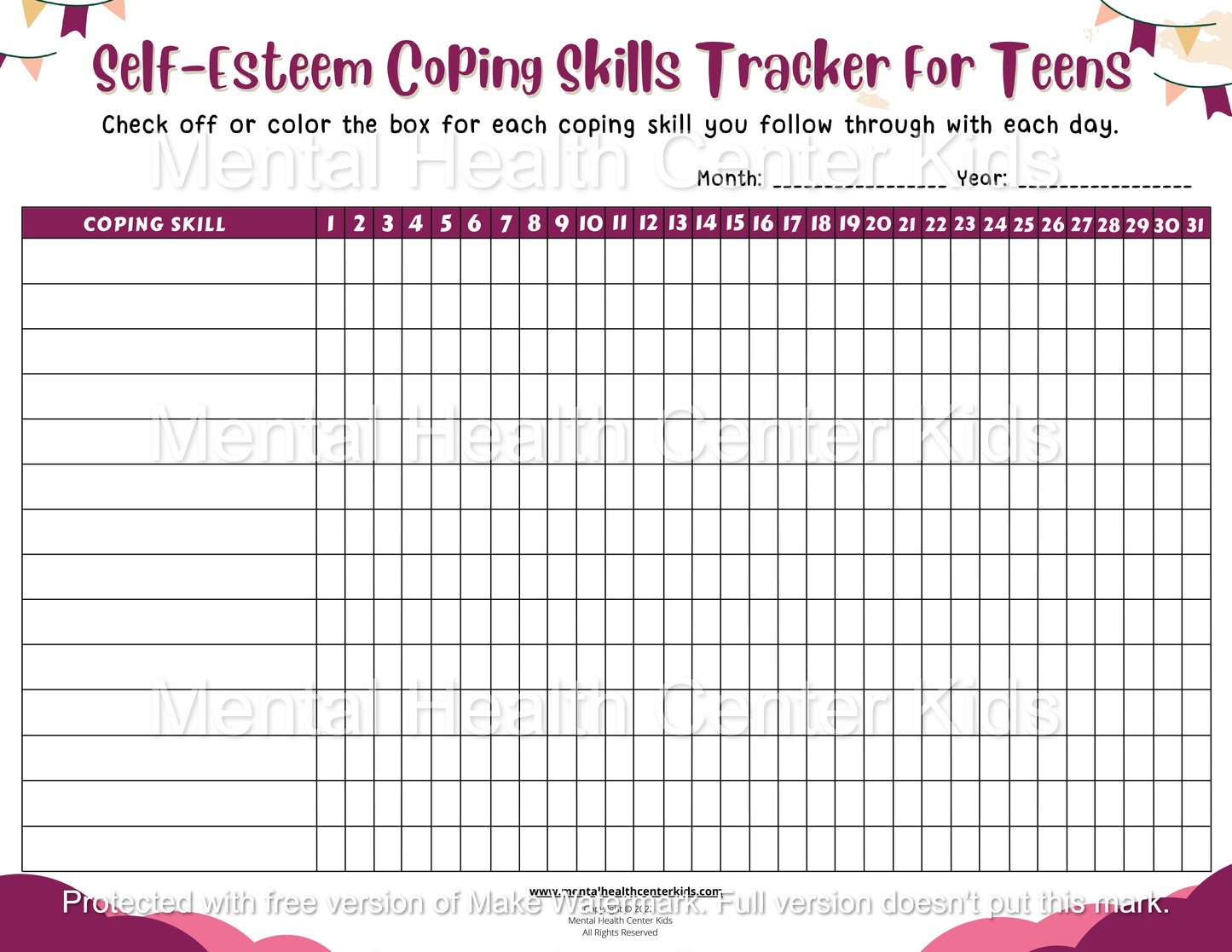 Self-Esteem Coping Skills Tracker for Teens Worksheet