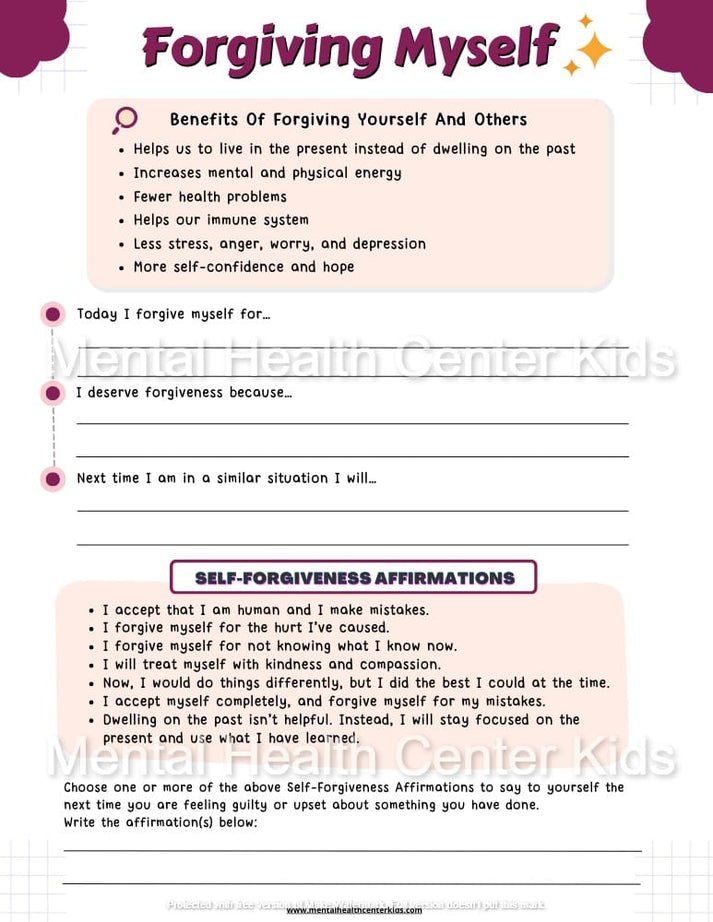 Self-Forgiveness Worksheet – Mental Health Center Kids