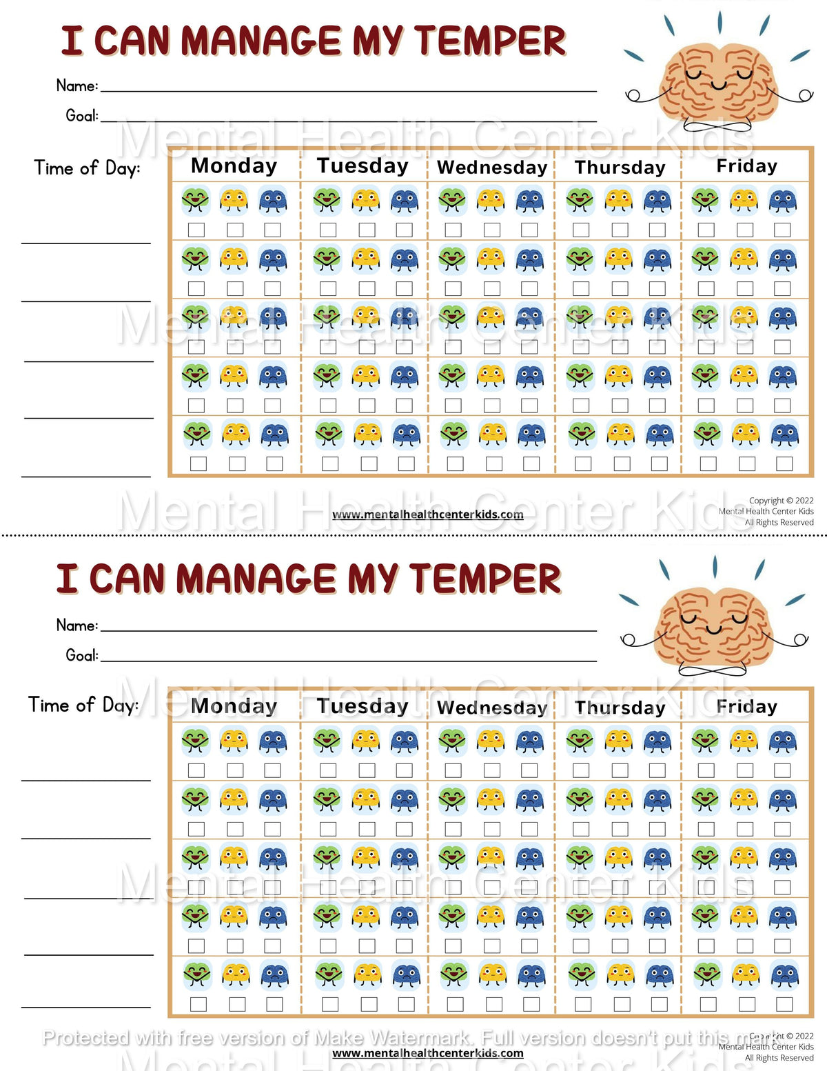 Weekly Anger, Behavior, and Goals Tracker – Mental Health Center Kids