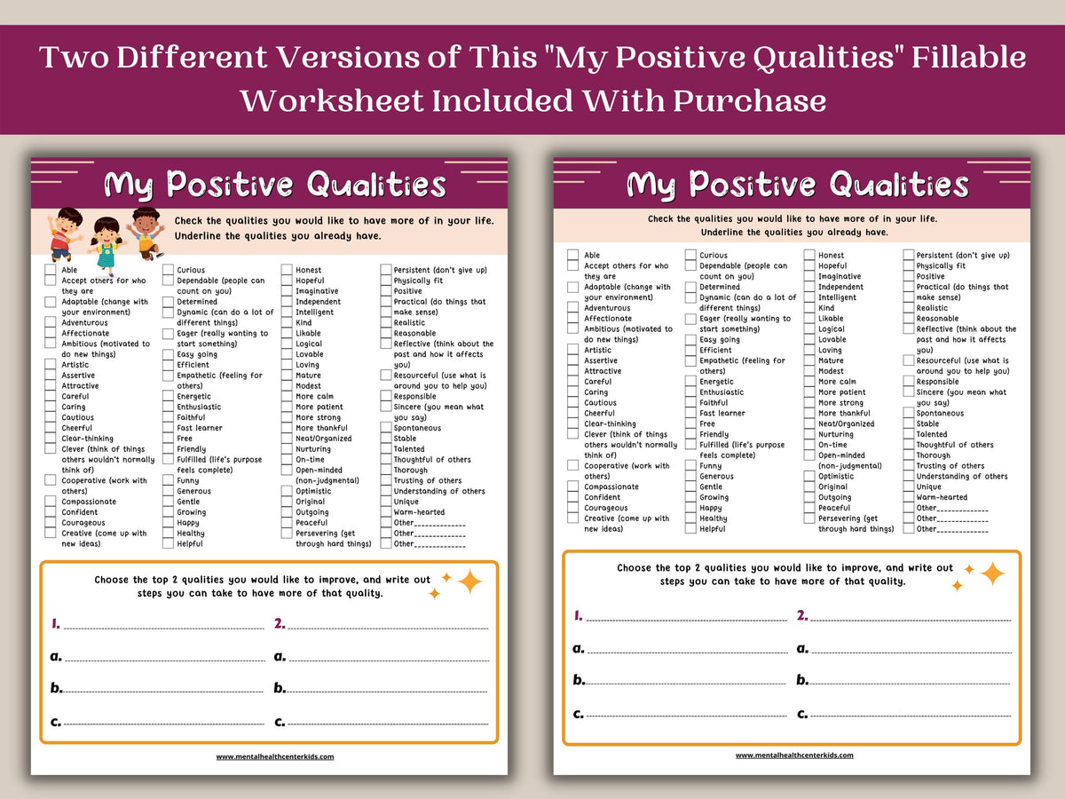 Qualities Box My Positive Qualities Worksheet – Mental Health Center Kids
