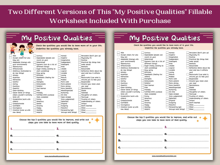 My Positive Qualities Worksheet – Mental Health Center Kids